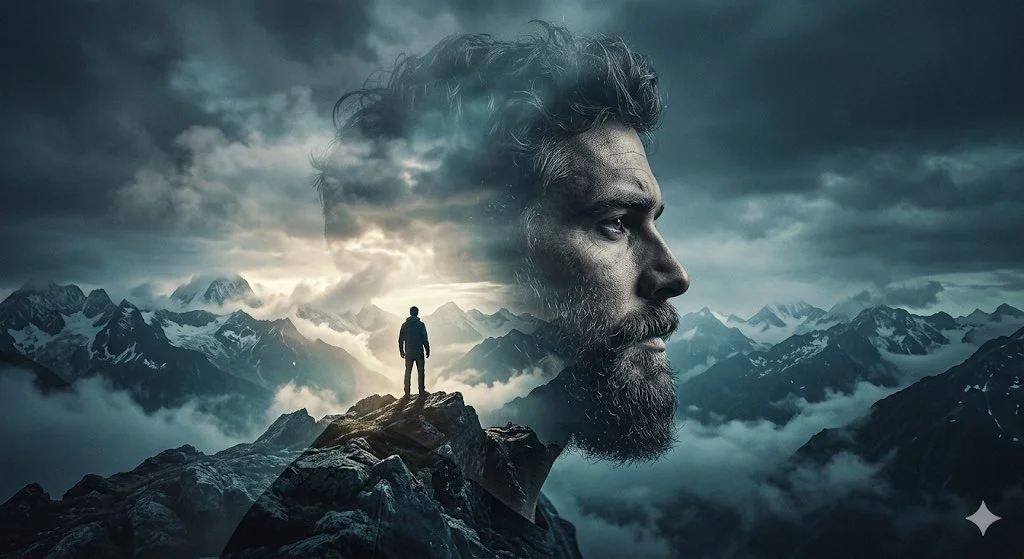 A young man's profile blends with misty mountain peaks