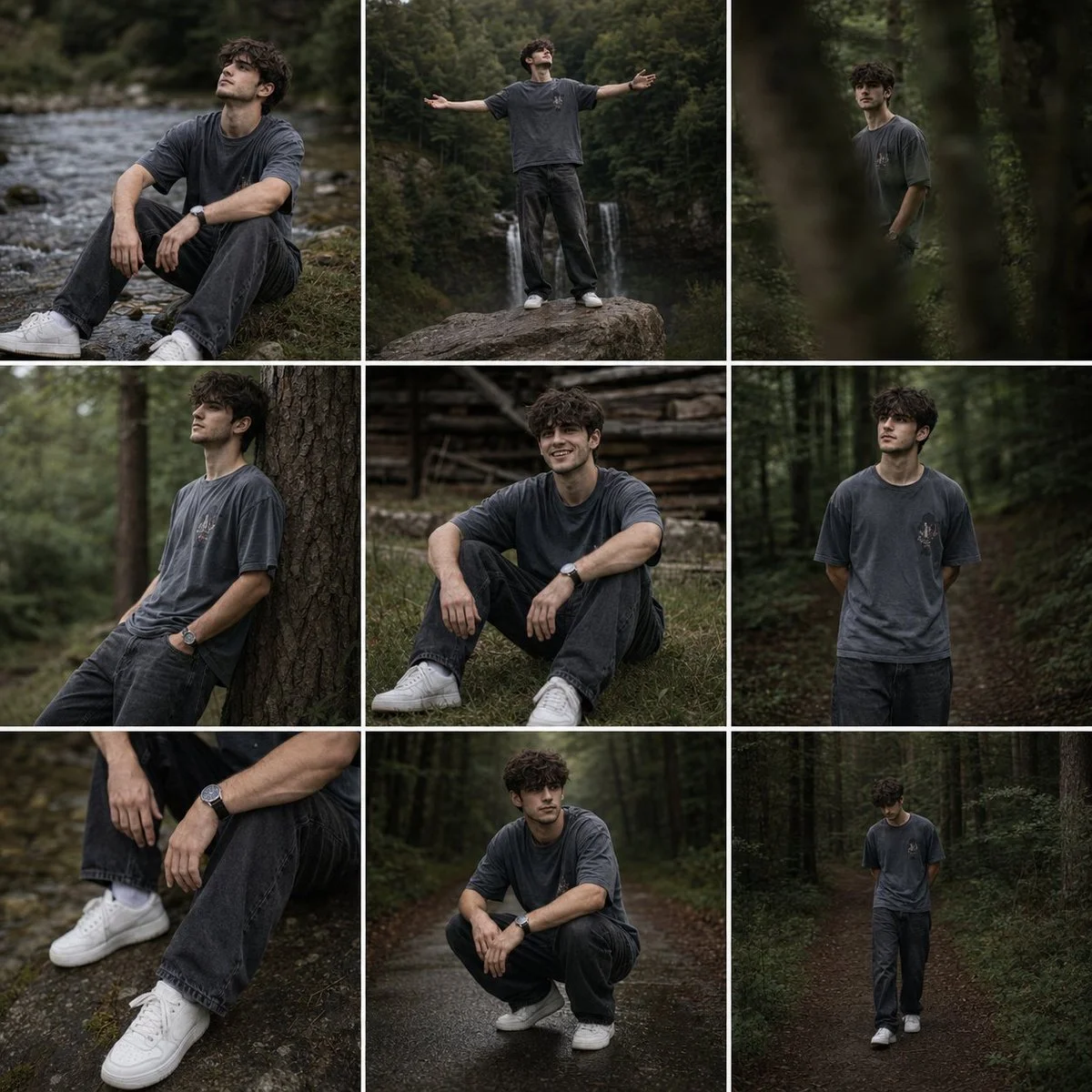 A young man sits by a riverbank in a peaceful forest