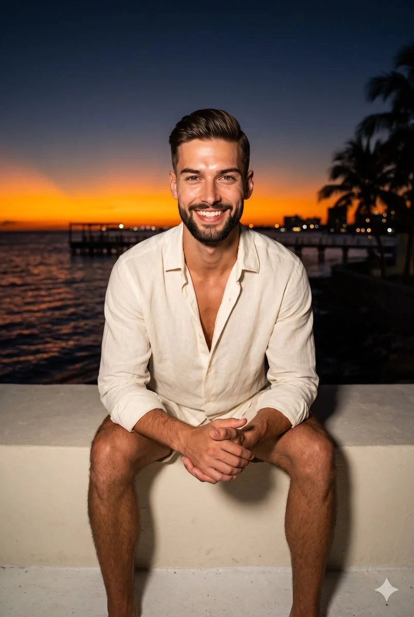 A young man smiles in front of a sunset ocean with clasped hands