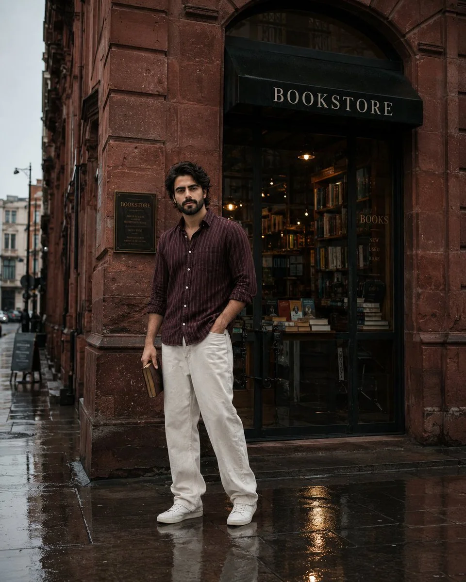 A young man stands by a red stone bookstore in the rain.