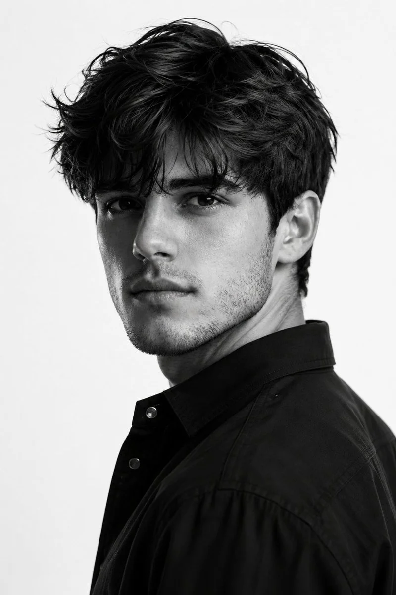 A young man turns his head over his shoulder in black and white
