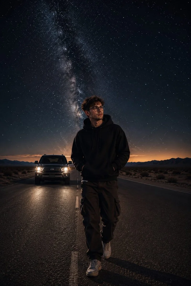 A young man walks on a desert highway under the Milky Way