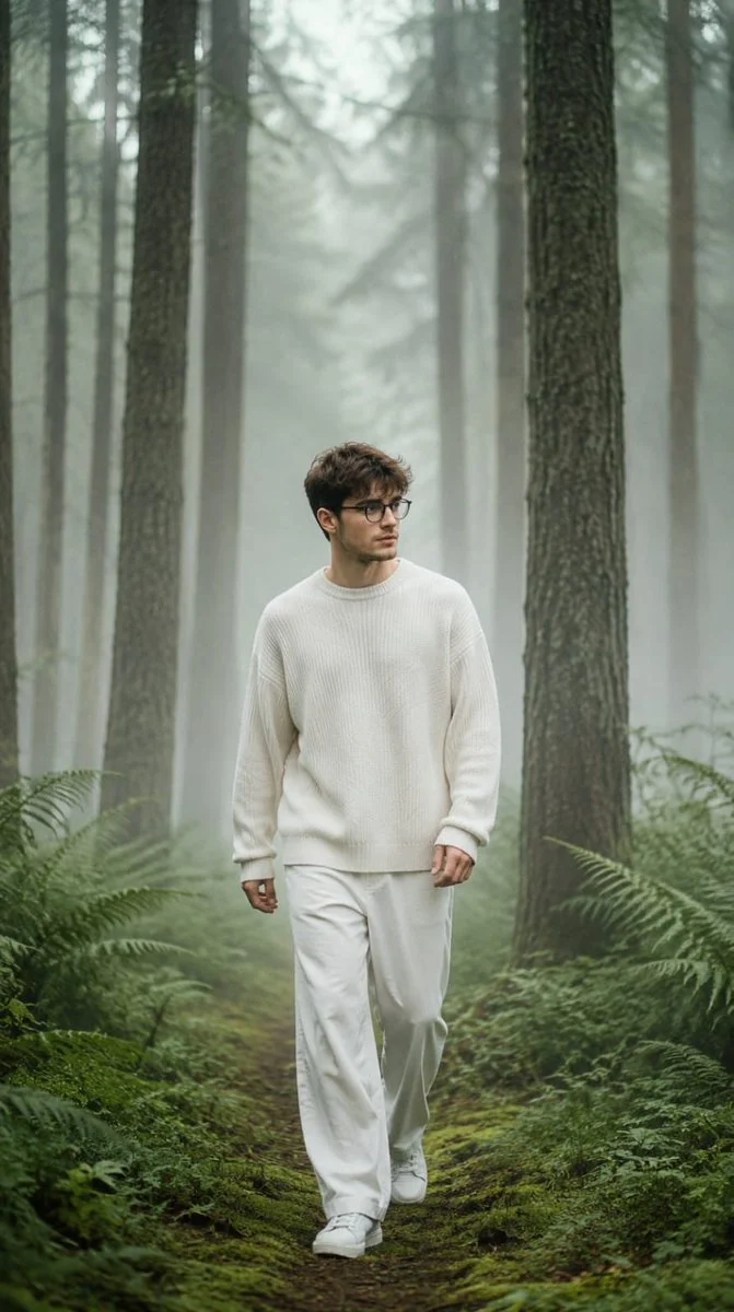 A young man walks through misty pines in morning fog