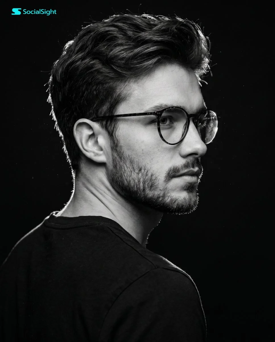 A young man with dark hair turns in a dramatic side profile