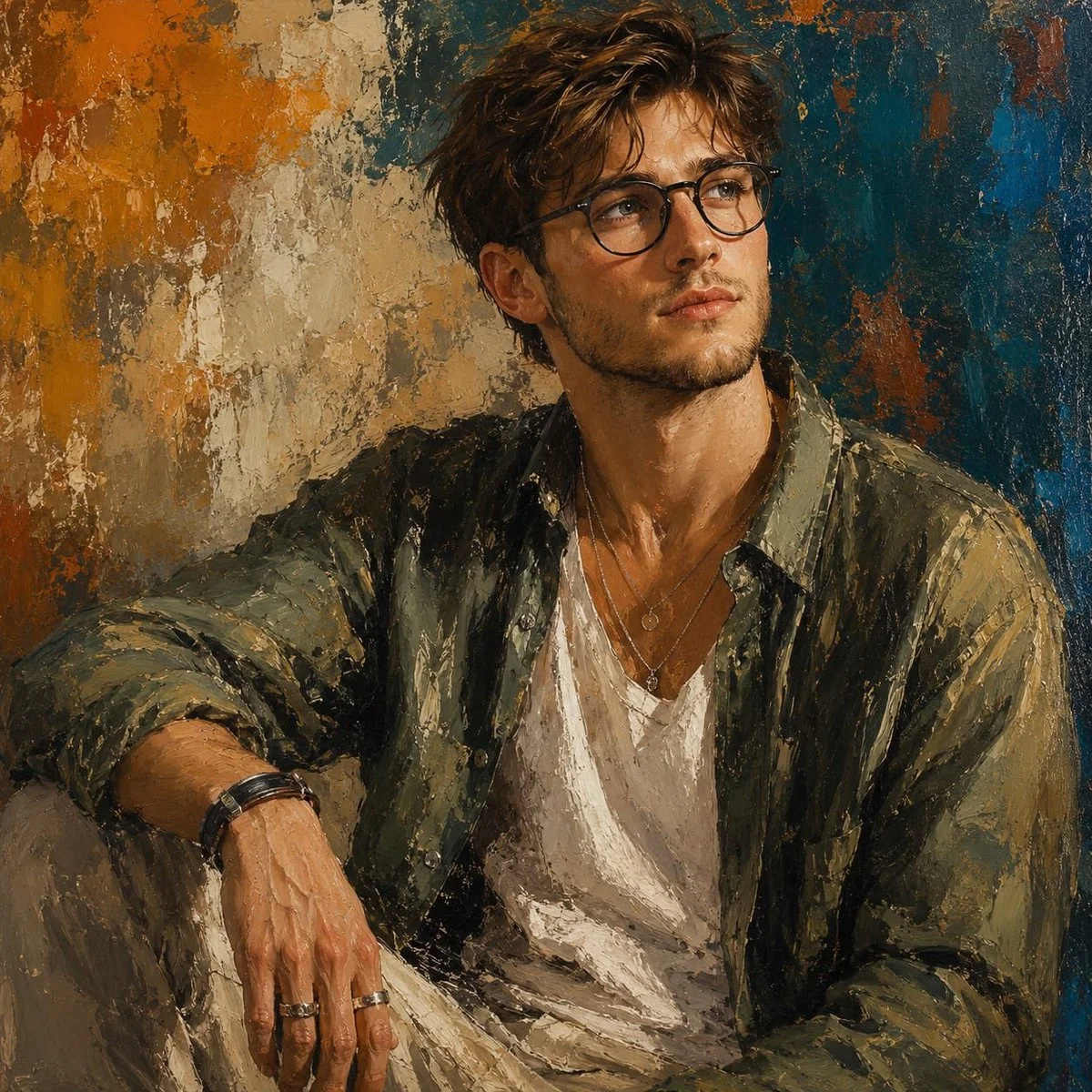A young man with messy blonde hair poses against an abstract wall.