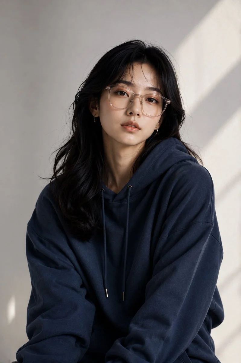 A young model in oversized navy hoodie sits in soft daylight
