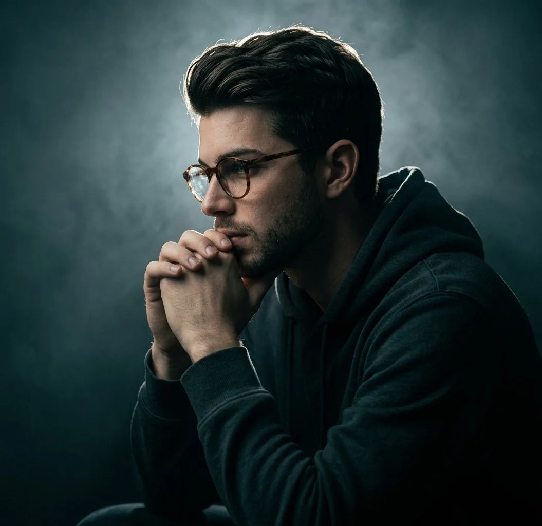 A young person in deep thought with hands clasped near face