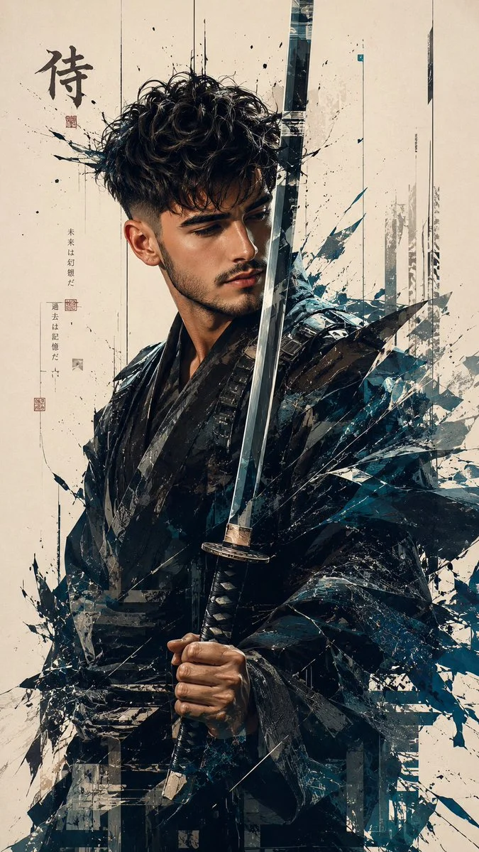 A young samurai in dark kimono holds a katana amid shattered fragments