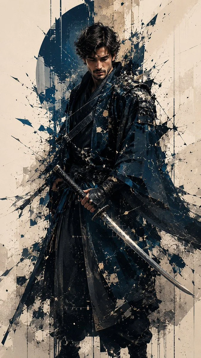 A young samurai with a katana stands amid shattered fragments