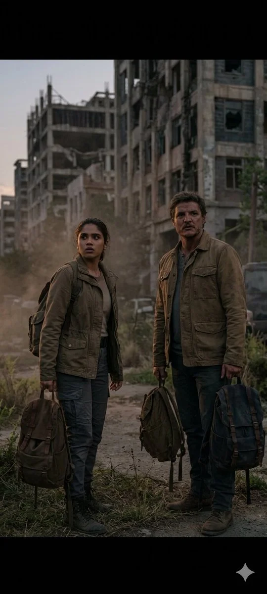 A young woman and Joel navigate a ruined city street
