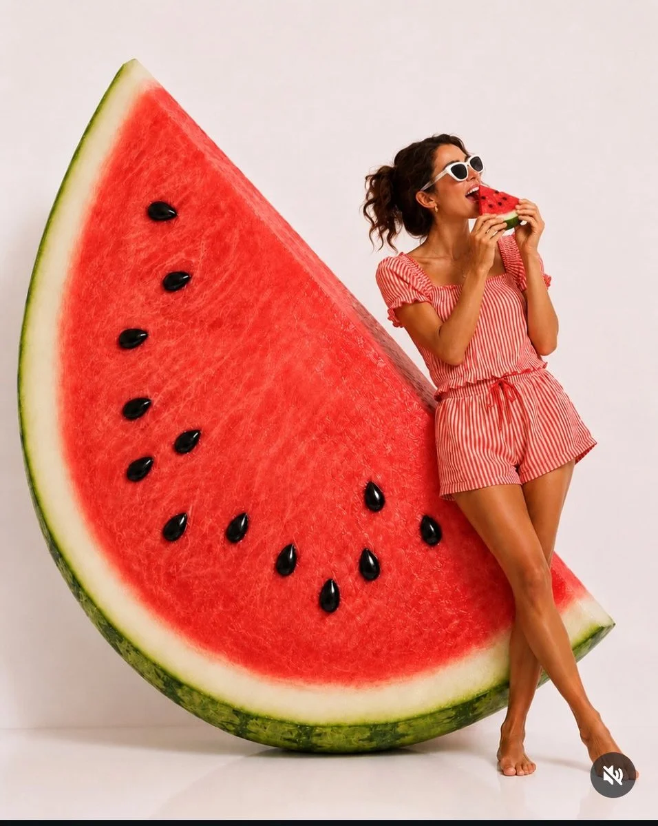 A young woman bites a giant watermelon slice in a bright studio.