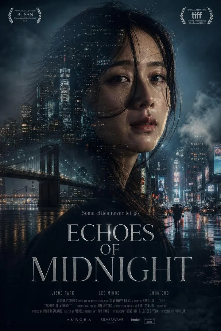 A young woman blends with a rainy New York night skyline