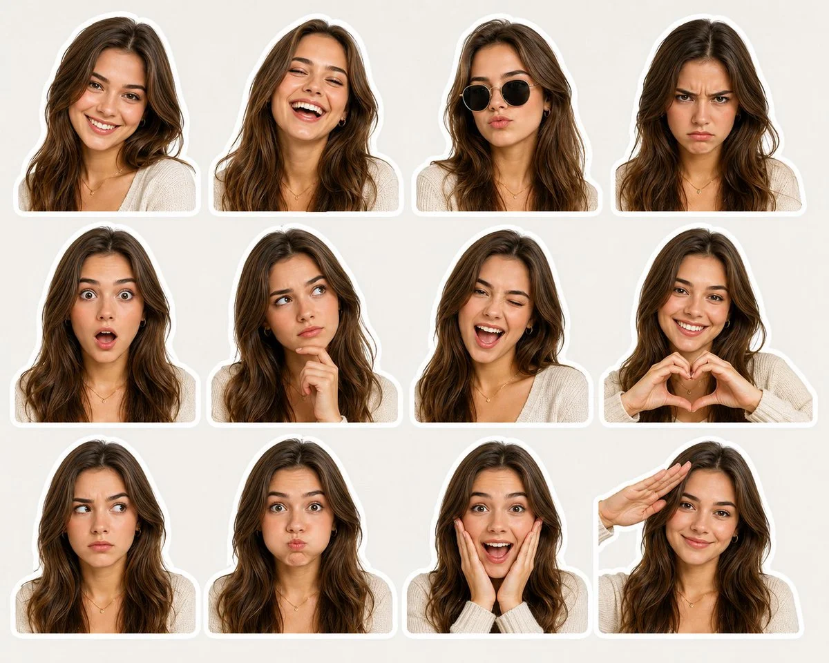 A young woman displays twelve diverse expressions on a sticker sheet.