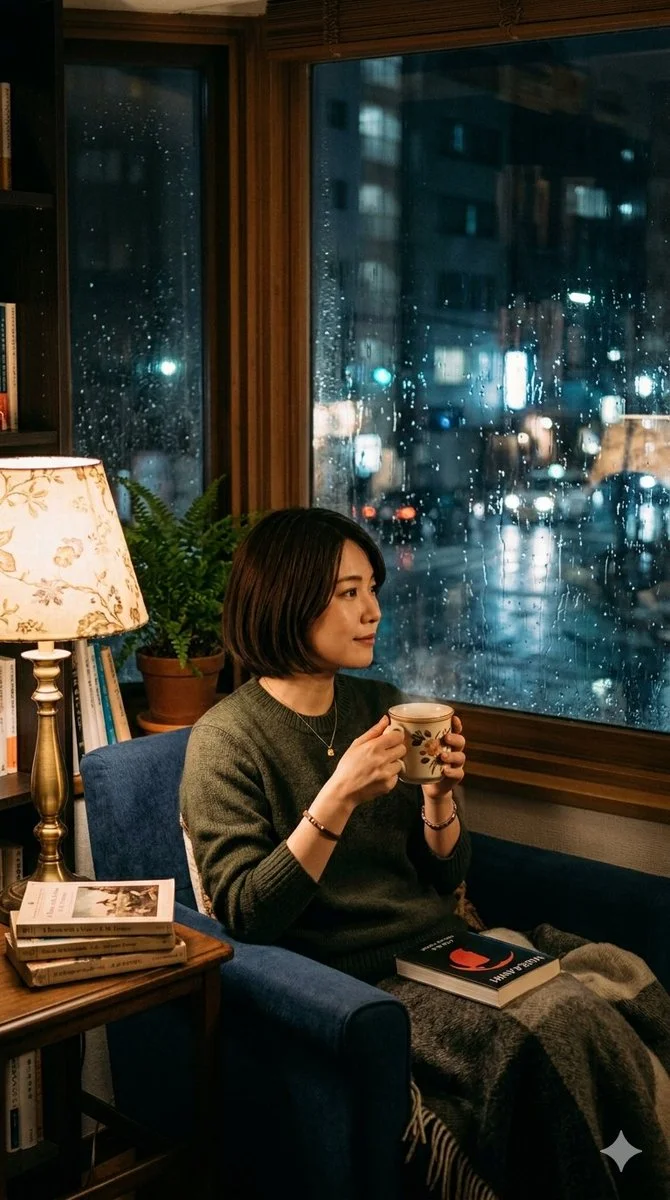 A young woman enjoys hot tea while rain falls outside her window.