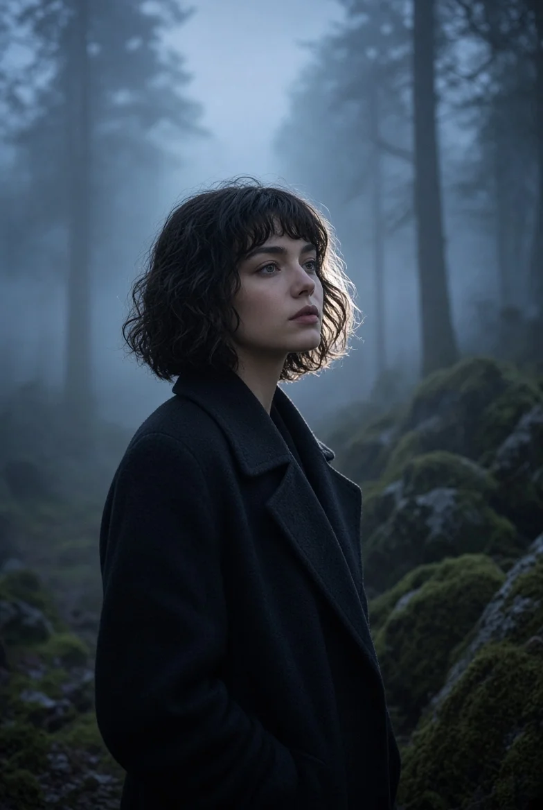 A Young Woman Gazes Upward in a Misty Forest