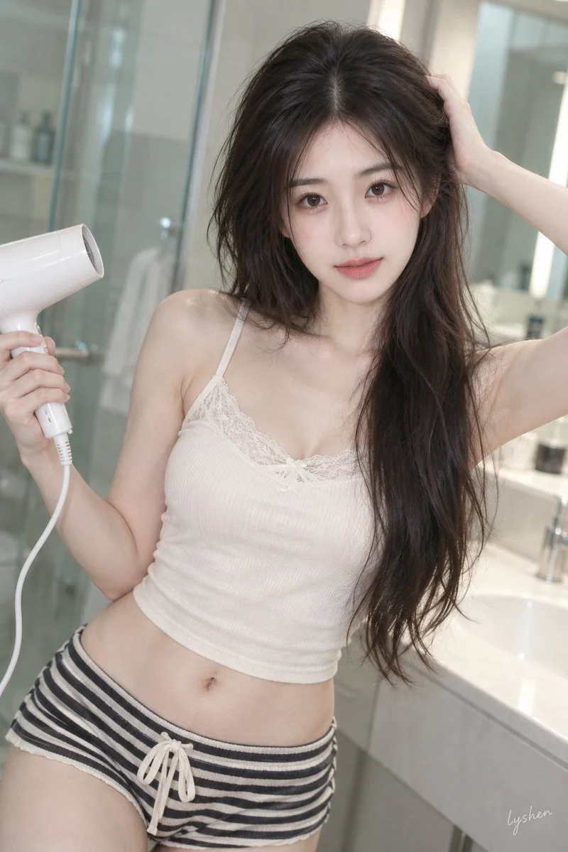 A young woman holds a hairdryer in a softly lit bathroom scene.
