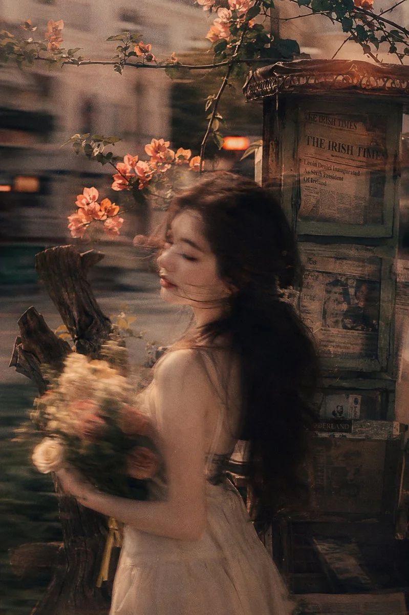 A young woman holds flowers by an old newspaper kiosk