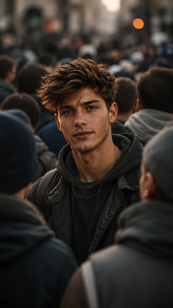 A young woman in a beanie stands out from the blurry crowd