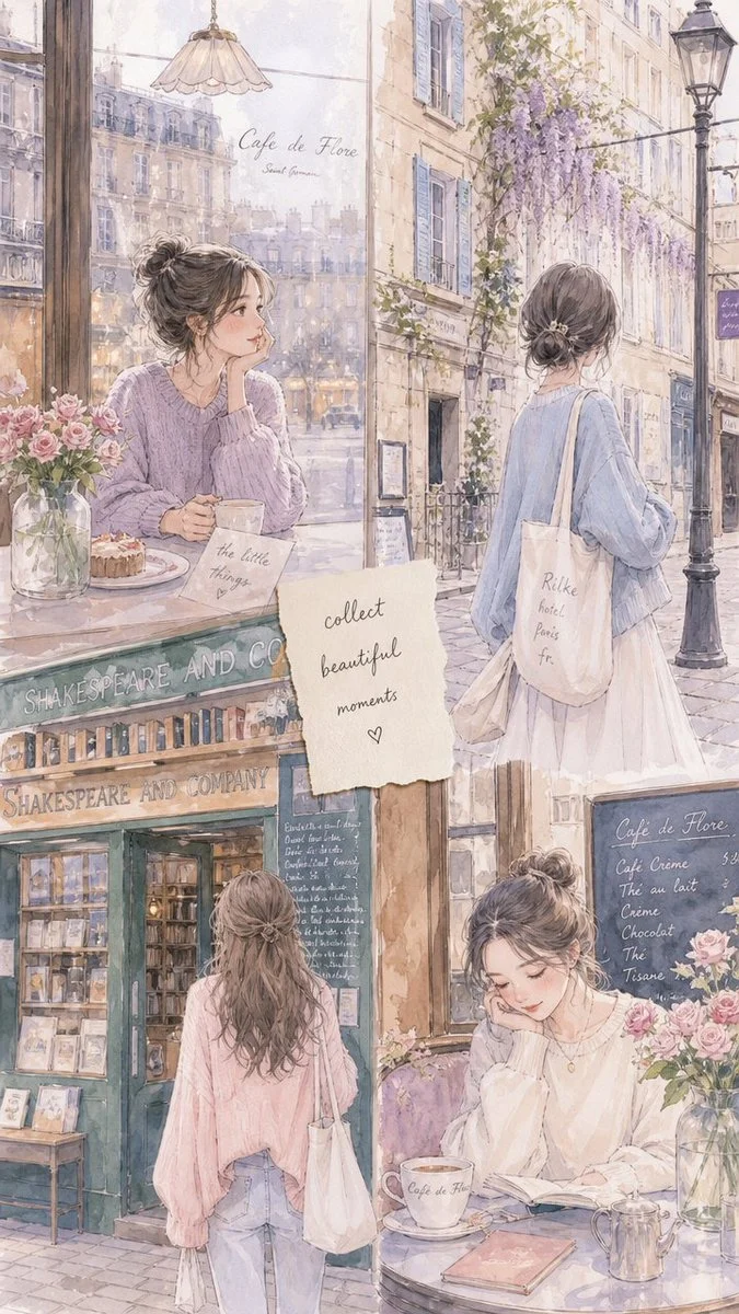 A young woman in a lavender sweater strolls through a rainy café street.