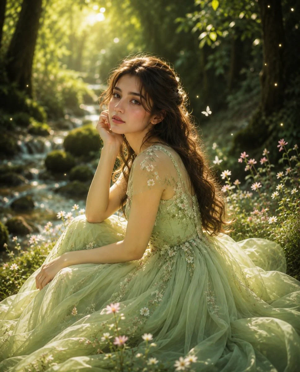 A young woman in a sage-green gown daydreams by a stream
