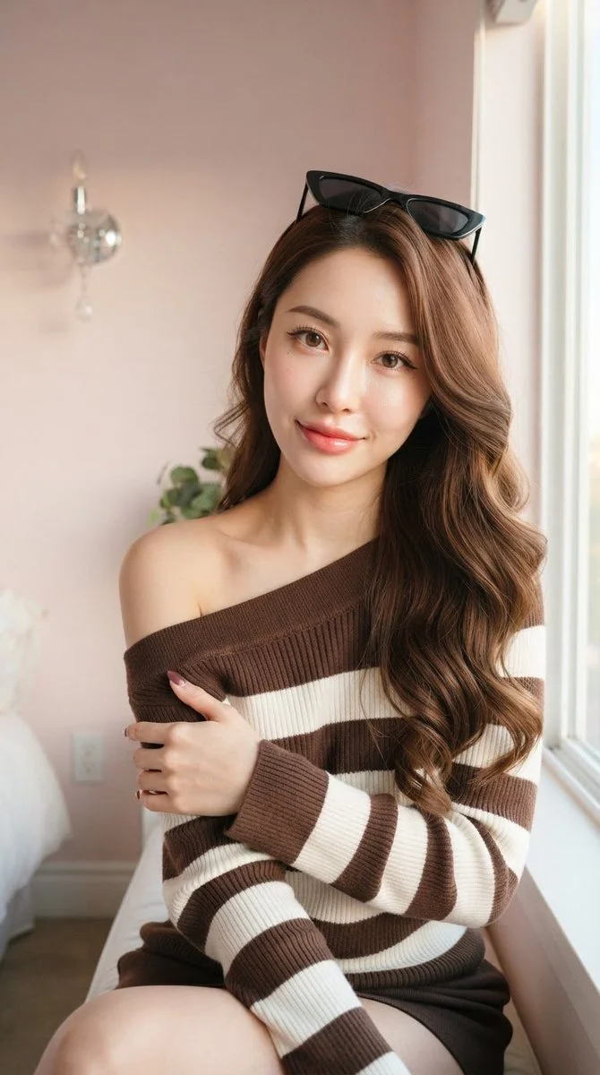 A young woman in a striped sweater poses under golden window light