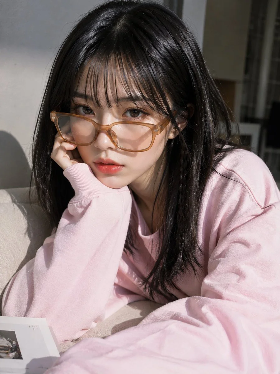 A young woman in amber glasses adjusts her oversized blue sweatshirt