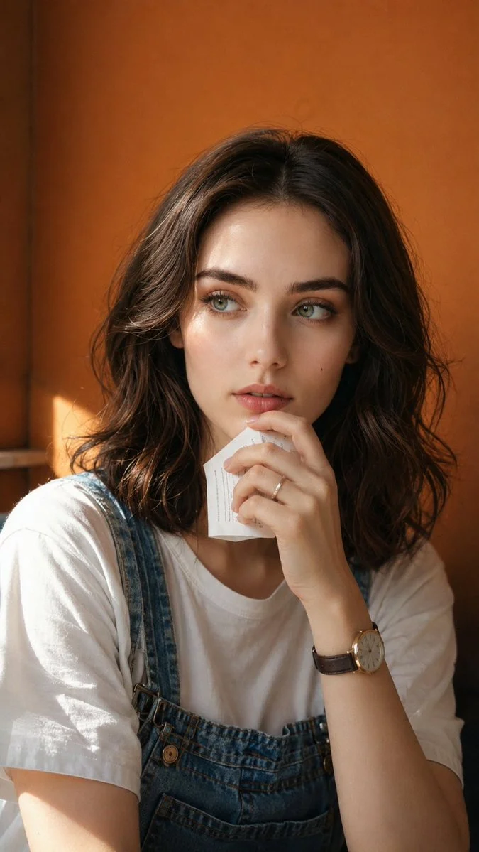 A young woman in denim overalls holds paper near her lips