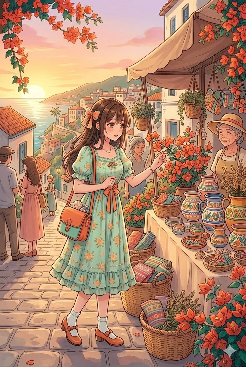 A young woman in floral dress browses a coastal market at sunset