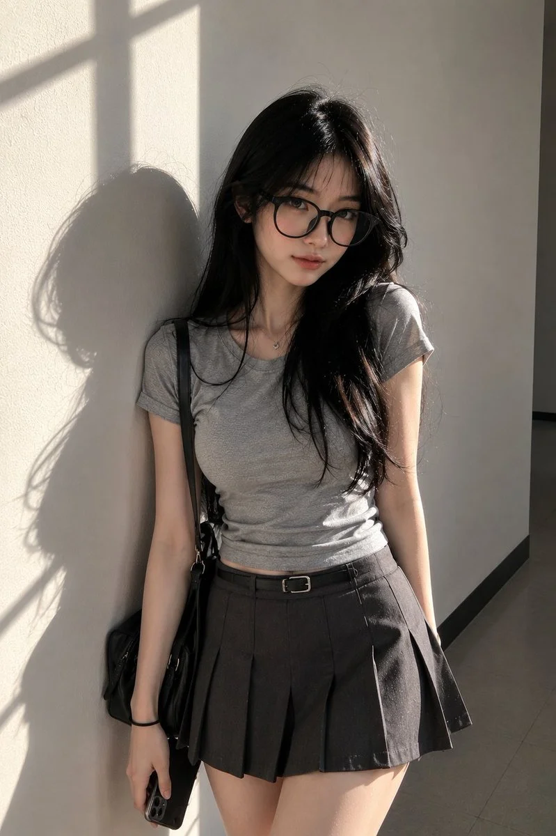 A young woman in glasses leans against a light-gray wall.