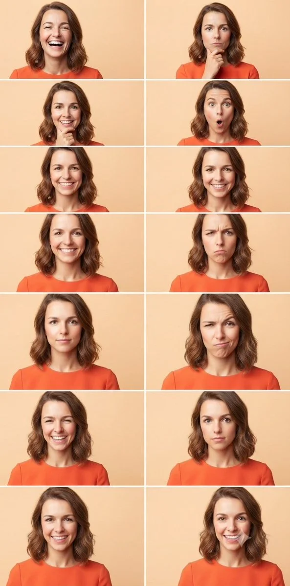 A young woman in orange top displays her varied emotions