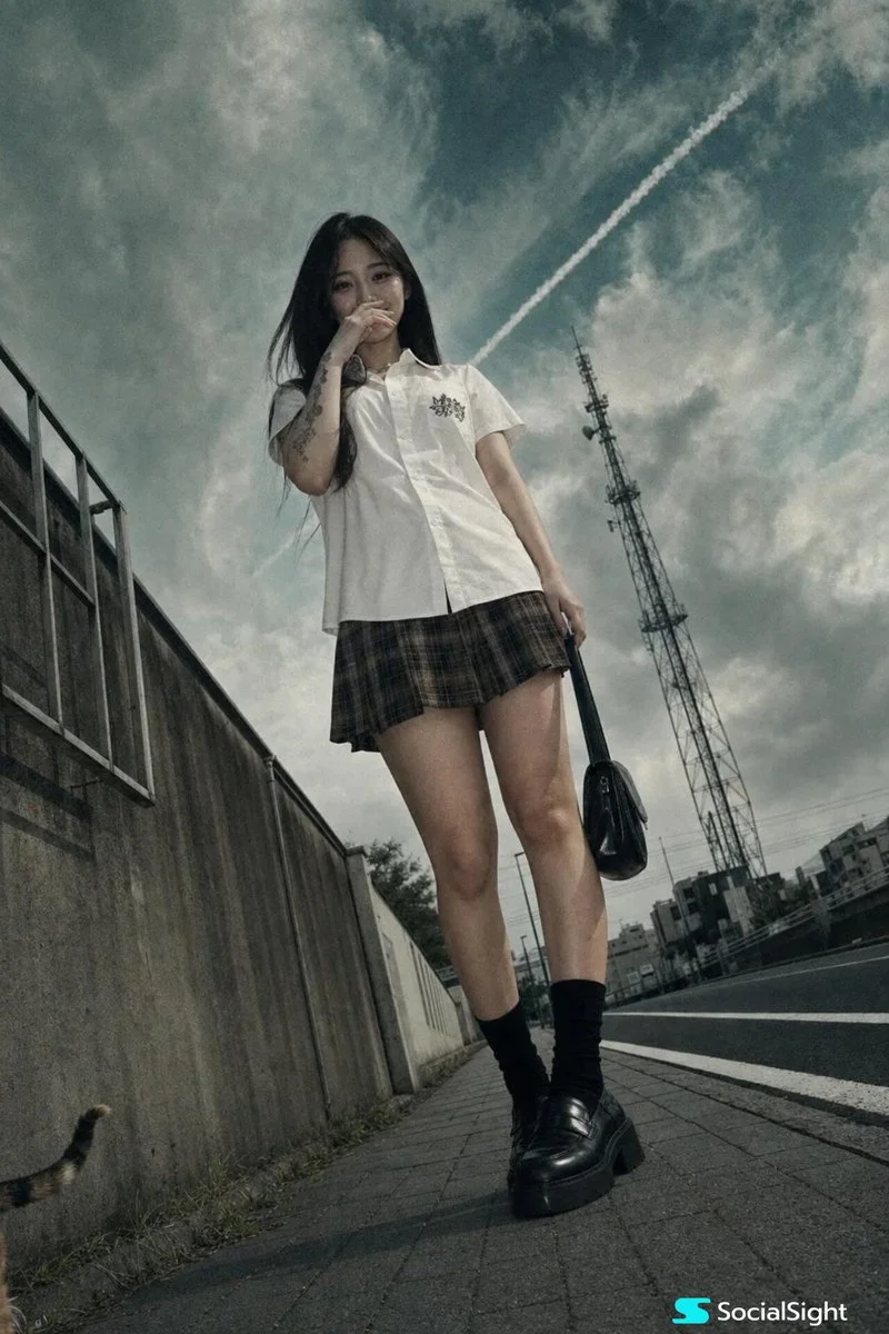 A young woman in plaid skirt stands by the road with a playful smirk