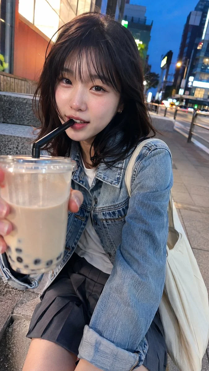 A young woman in Seoul holds boba tea close to the camera lens.