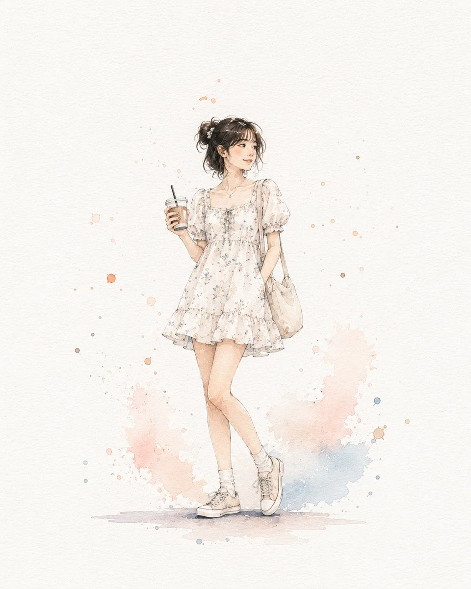 A young woman in white dress sips iced coffee with soft smile