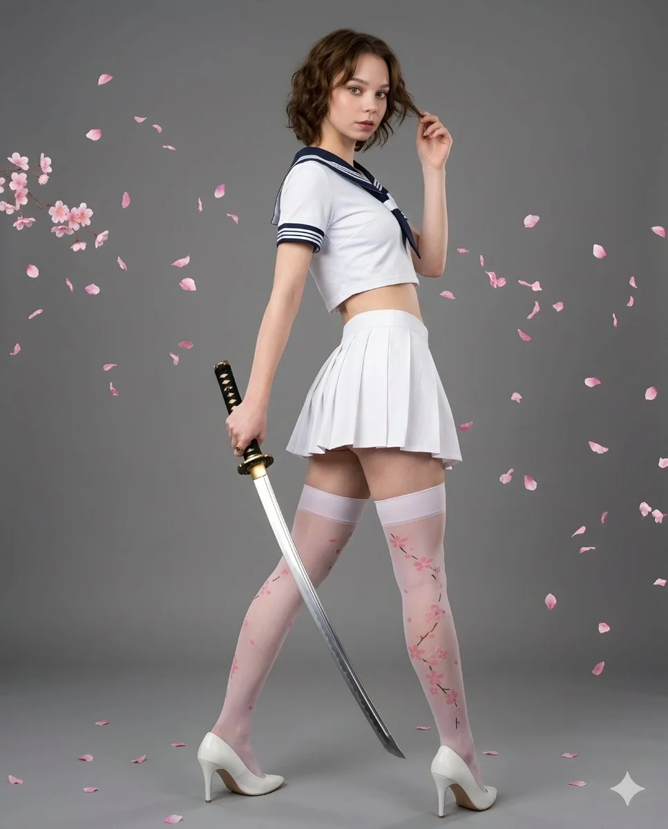A young woman in white sailor outfit threatens with a katana