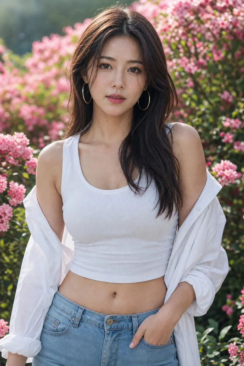 A young woman in white shirt gazes intently through garden light
