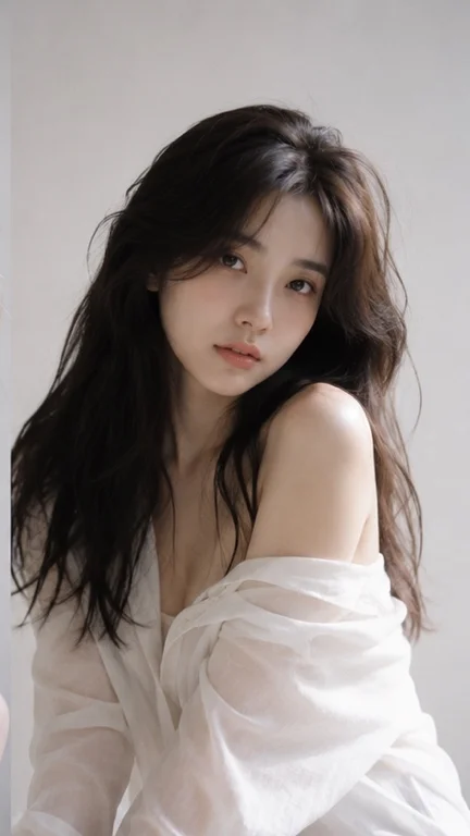 A young woman in white shirt sits quietly in minimal room