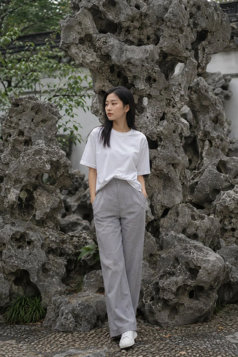 A young woman in white stands before weathered Taihu stones.