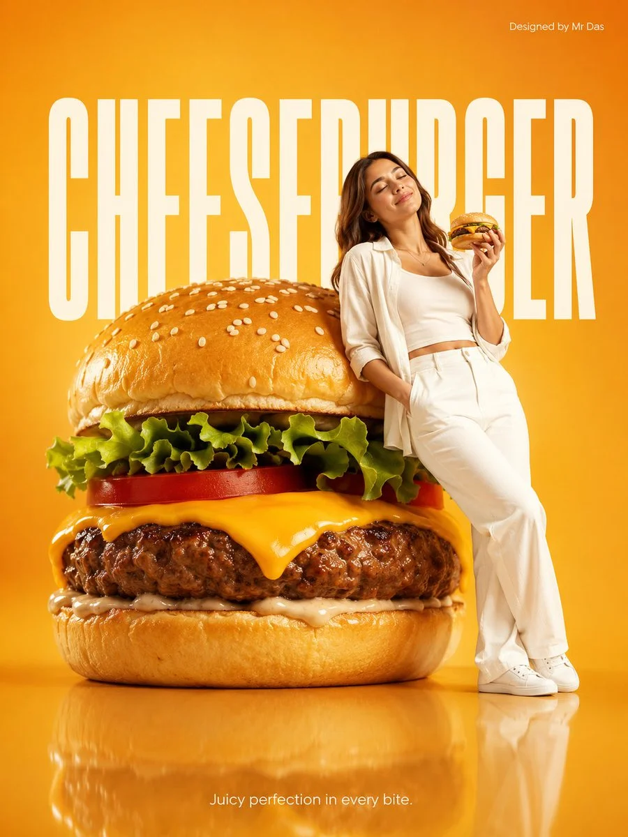 A young woman leans against a giant cheeseburger in a minimalist ad