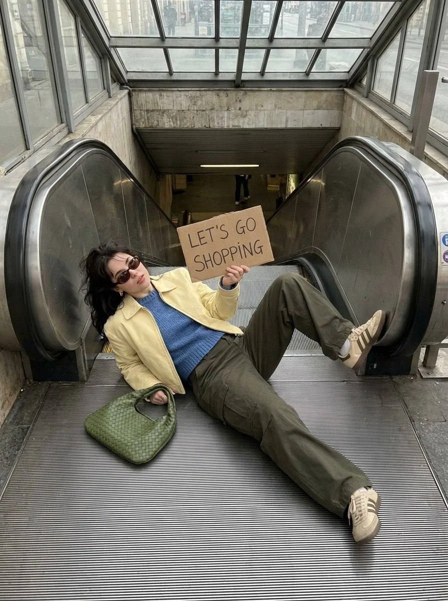 A young woman lies on an escalator holding a shopping sign in natural daylight.