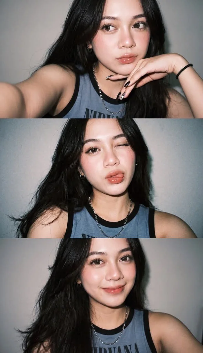 A young woman poses for three flash selfies with playful expressions