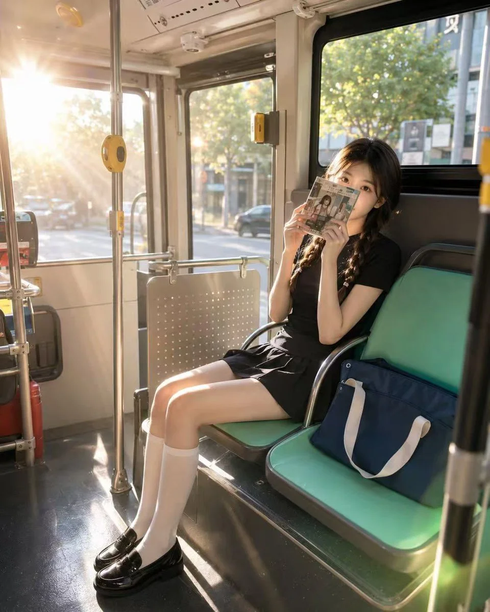 A young woman reads on a sunlit bus during late afternoon
