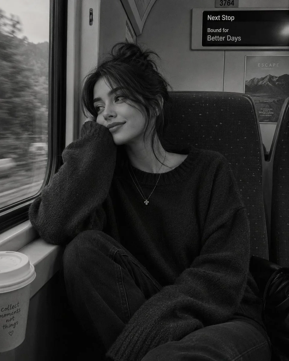 A young woman rests her head on hand while watching passing scenery.