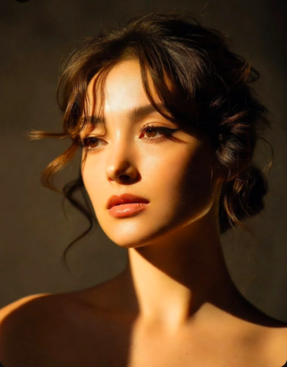 A young woman's thoughtful expression glows under intense cinematic lighting