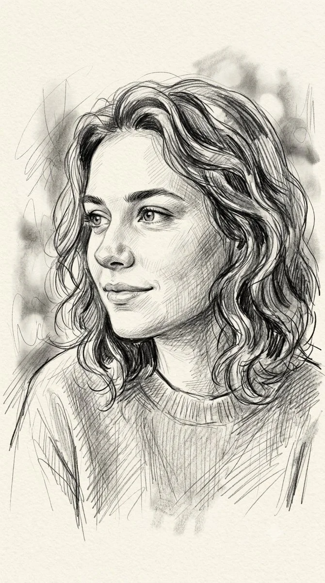A young woman's thoughtful portrait rendered with fine pencil strokes