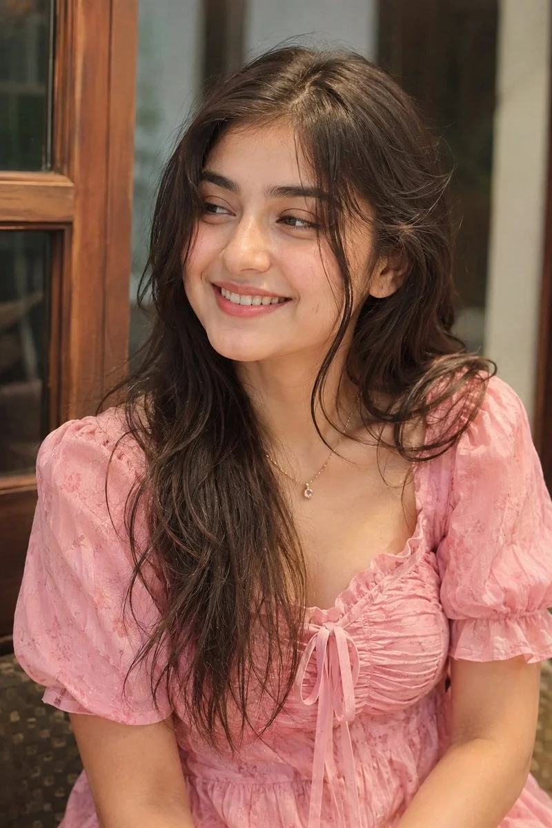 A young woman's warm smile brightens a rustic sunlit room