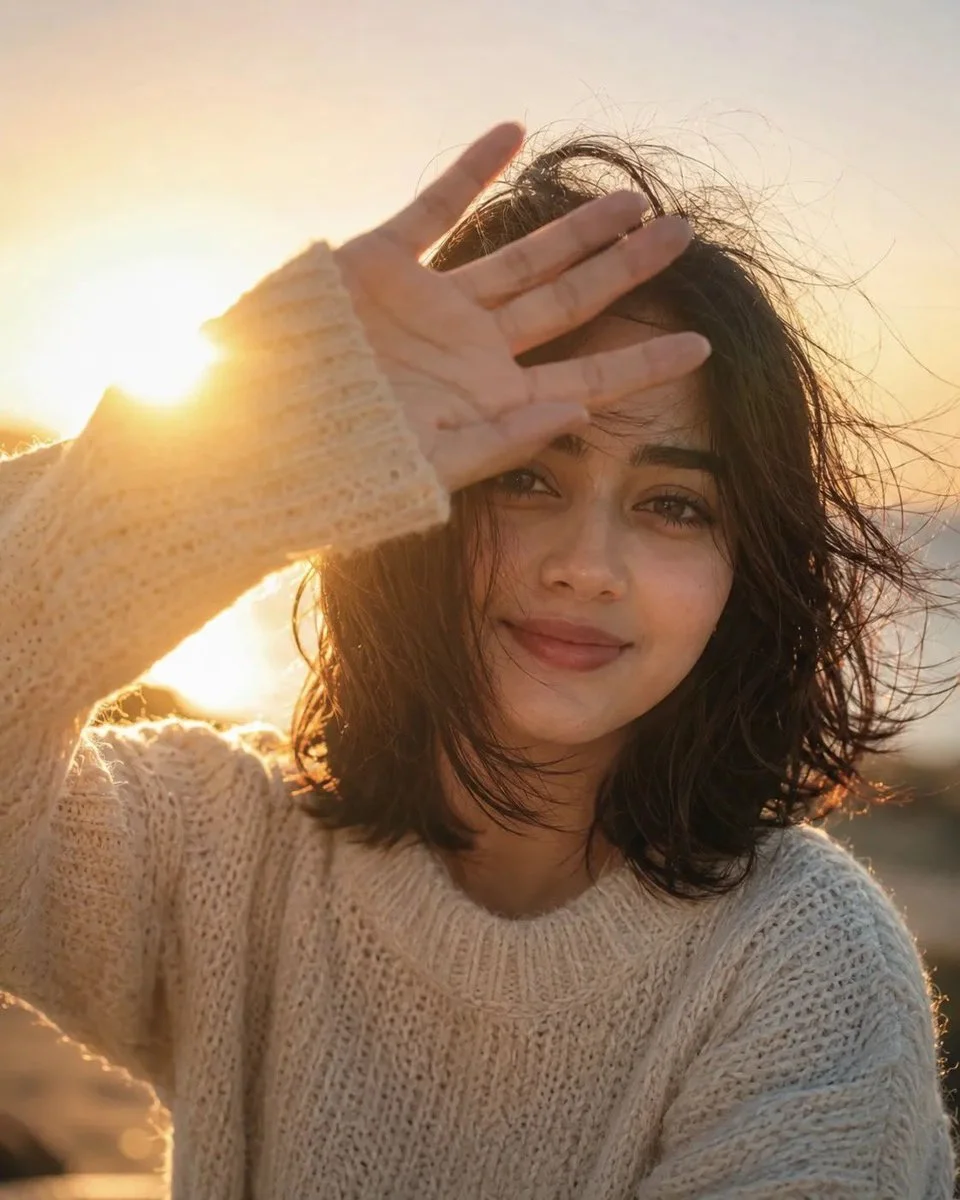A young woman smiles softly in warm sunset light with lens flare.