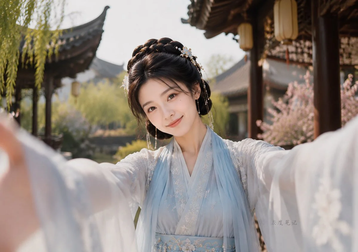 A young woman takes a selfie in a serene ancient Chinese garden