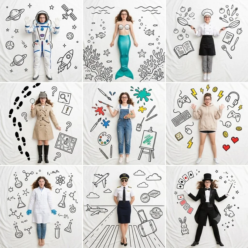 A young woman transforms into nine whimsical roles with doodles