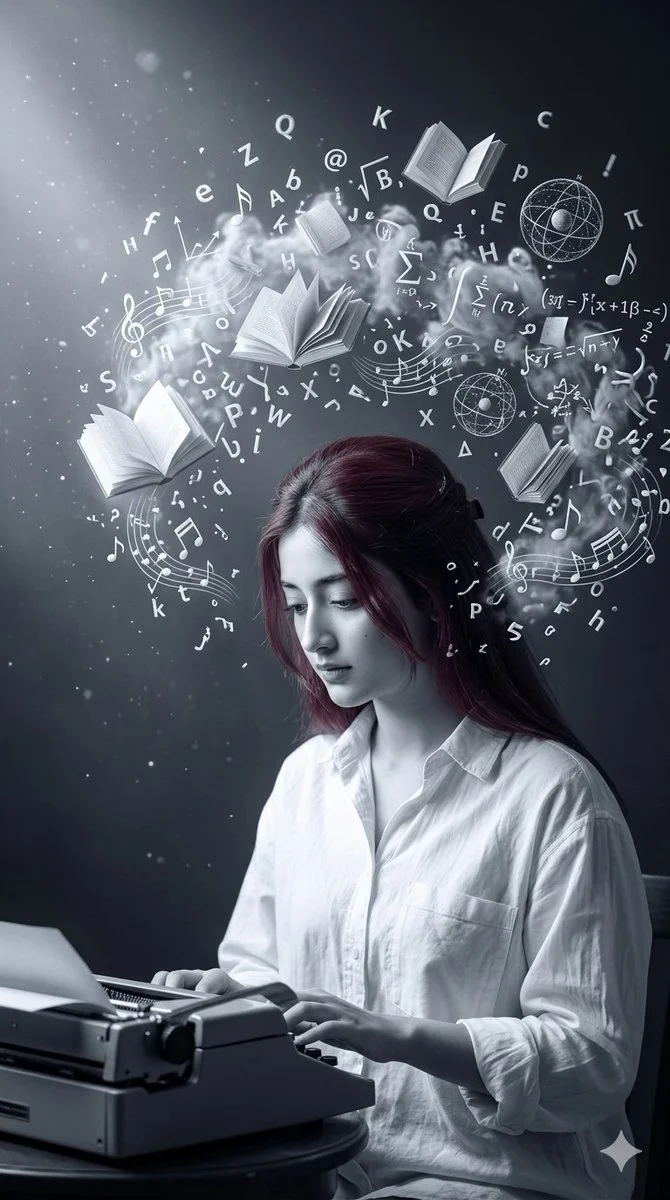 A young woman types as luminous thoughts swirl around her head.