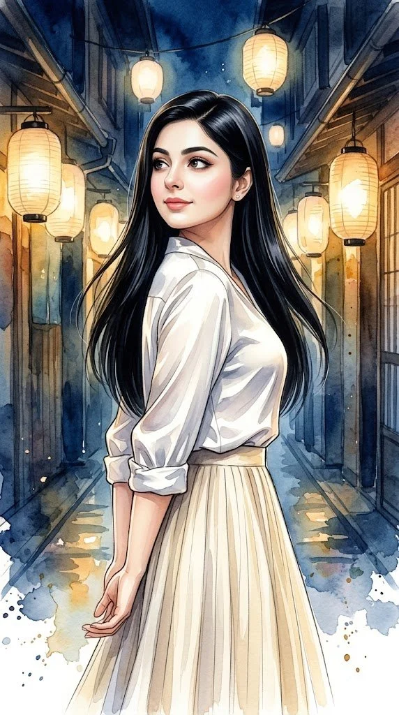A young woman walks through a lantern-lit Japanese alley at night